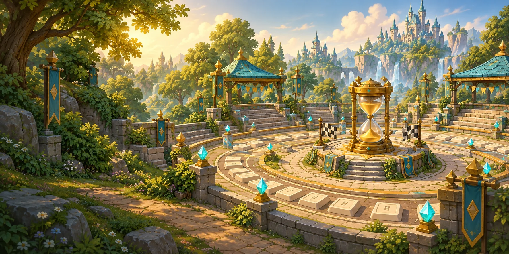 A sunlit tournament courtyard, with a winding keycap track around a golden hourglass.